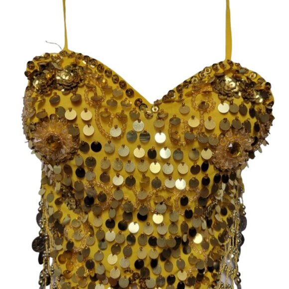 Yellow Sequin Halter Crop Top Silver Sequin Backless Belly Dancing Tops NEW - Picture 4 of 12